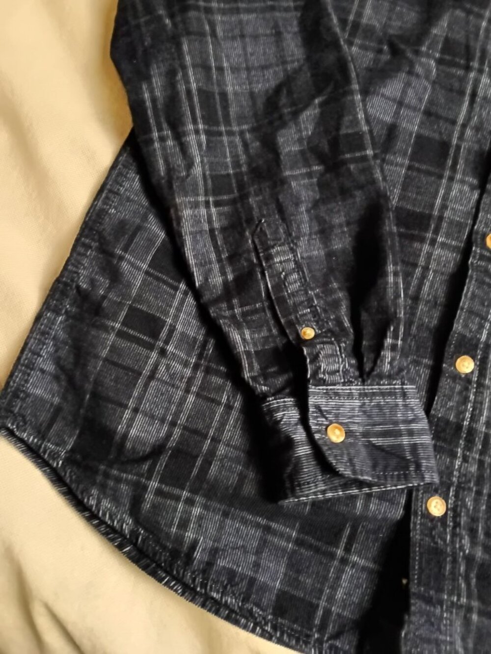 Vtg George Mens L Corduroy Plaid Button Shirt Long Sleeve Black Gray - Picture 3 of 5
